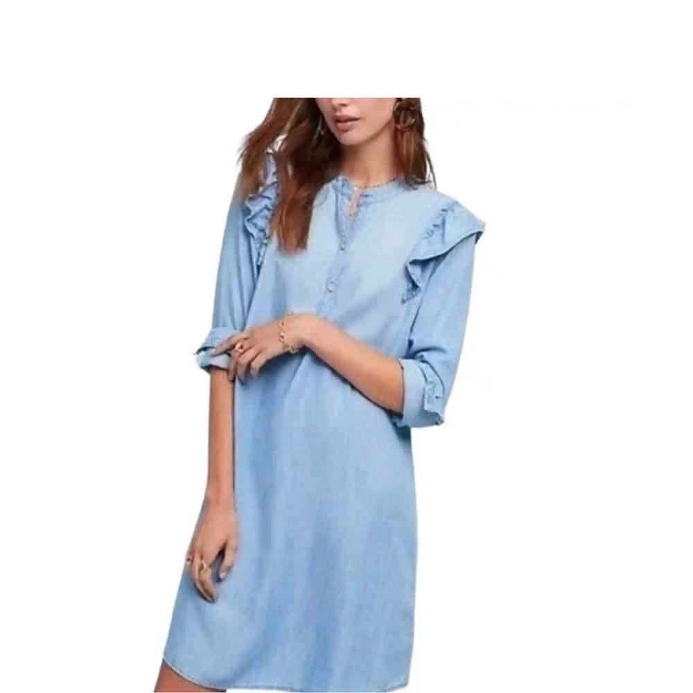 Anthropologie Cloth & Stone Blue Denim
Chambray‎ Ruffle Shirt Dress XS